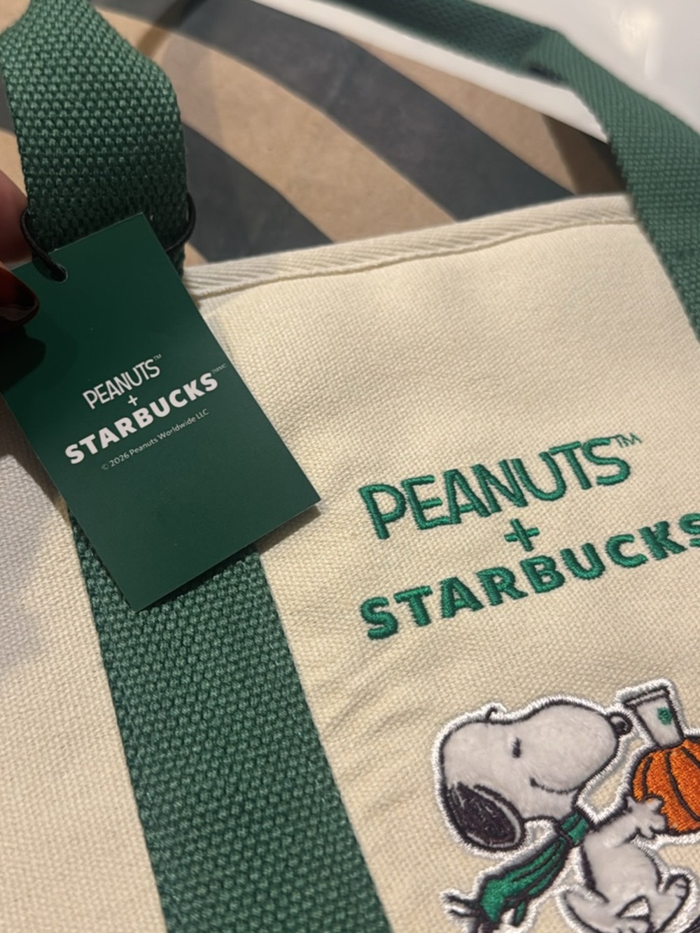 Starbucks x Peanuts Cream and Forest Green Canvas Tote - Picture 2 of 5